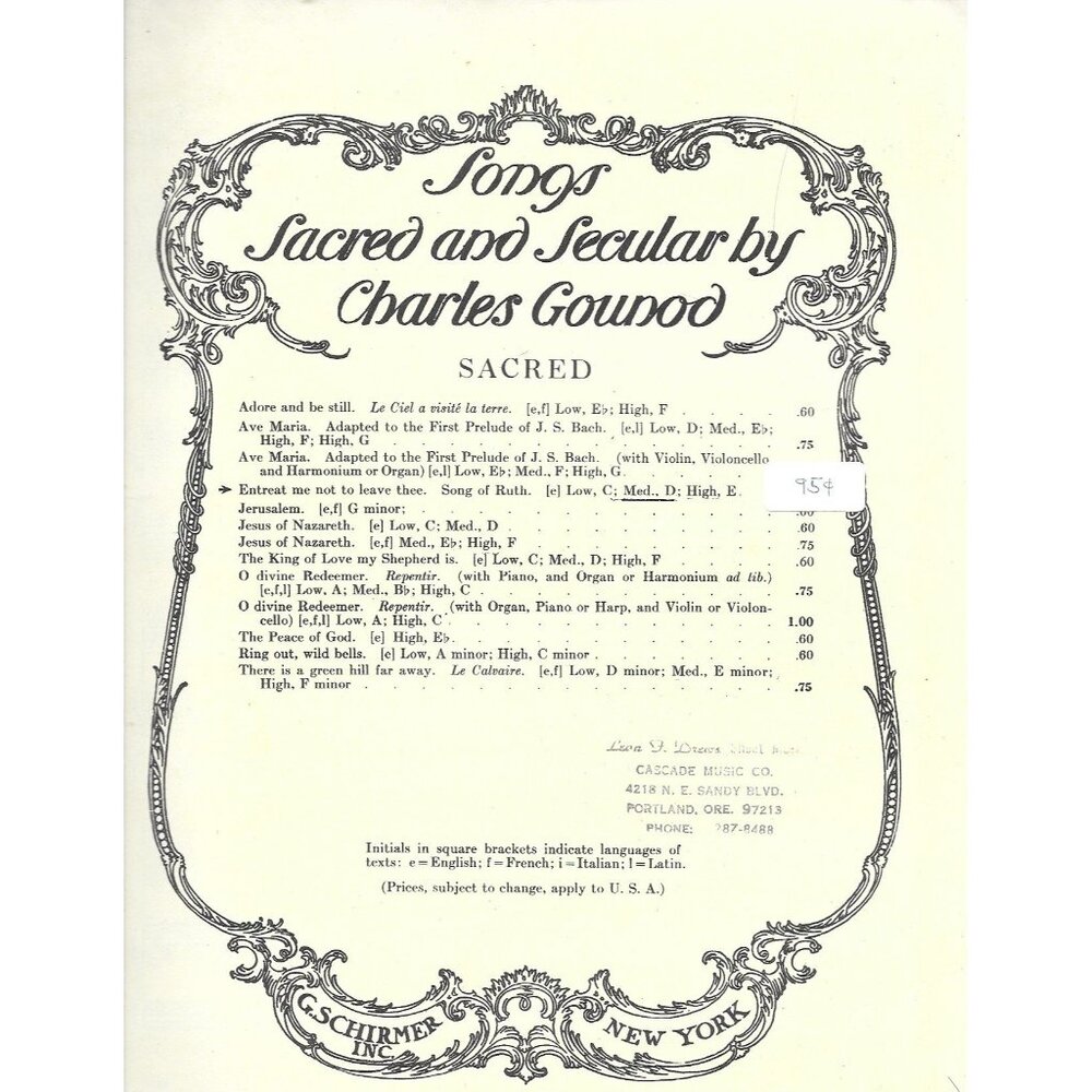 Entreat Me Not to Leave Thee Sheet Music Charles Gounod Schirmer Reprint